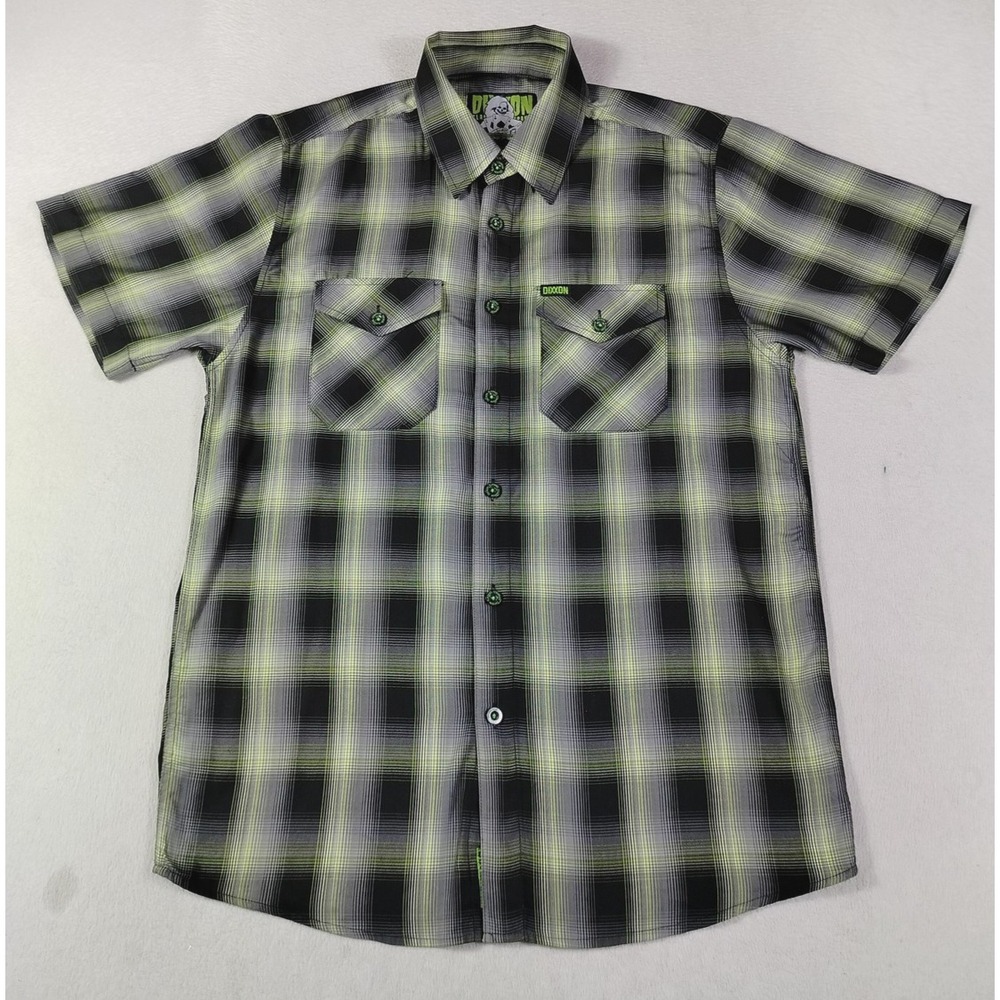 Dixxon Shirt Mens Medium Black Plaid Lucky Ace Short Sleeve Button Up Bamboo